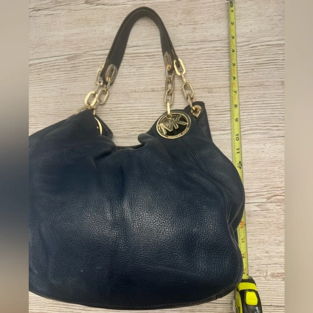 Michael Kors Large Fulton Triple Compartment Hobo Shoulder Bag Navy Leather Gold